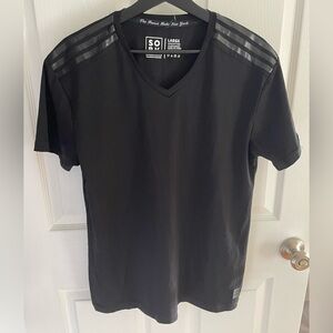 Straight Outta Brooklyn Men's Black V-Neck Tee with Striped Shoulders Size Large